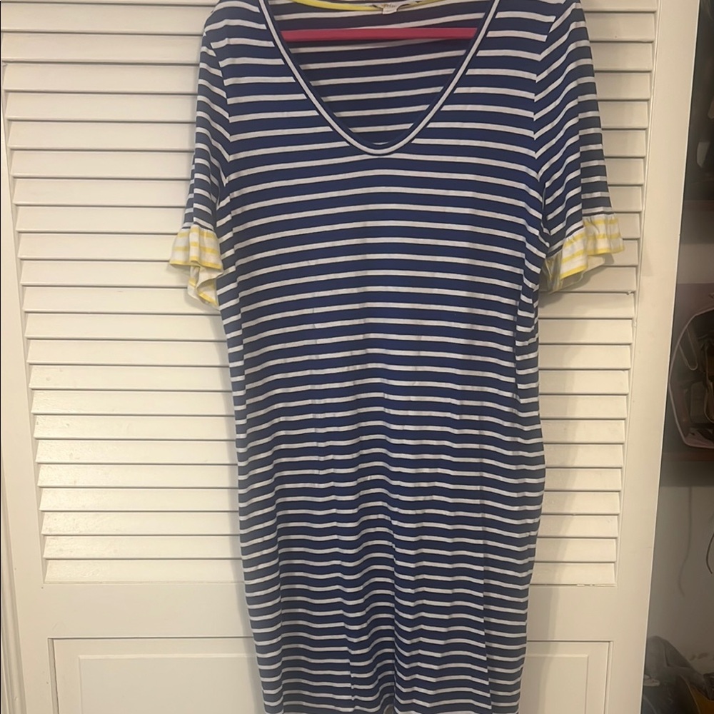 Boden Navy and White Striped Midi Dress with Yellow Accents
